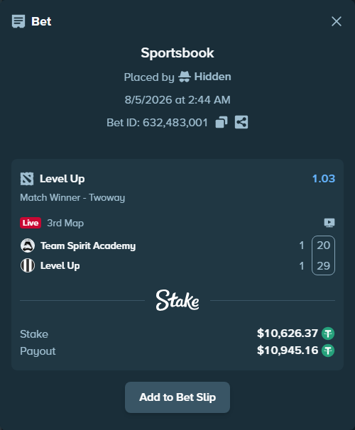 Bet slip: Team Spirit Academy - Level Up, $10,637.00 stake at 1.03 odds, placed by Hidden