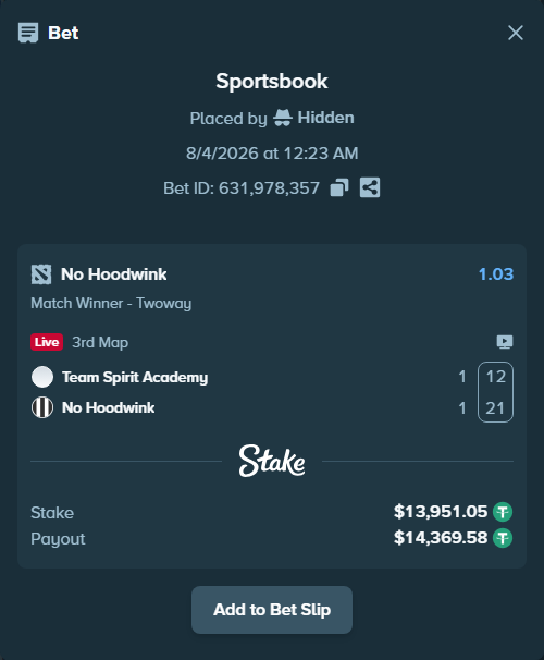 Bet slip: Team Spirit Academy - No Hoodwink, $13,965.00 stake at 1.03 odds, placed by Hidden