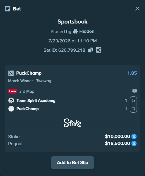 Bet slip: Team Spirit Academy - PuckChamp, $10,000.00 stake at 1.85 odds, placed by Hidden