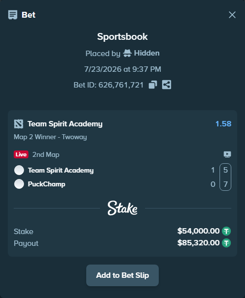 Bet slip: Team Spirit Academy - PuckChamp, $54,054.00 stake at 1.58 odds, placed by Hidden