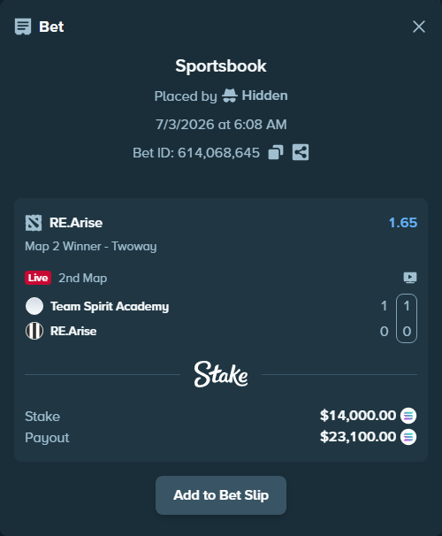 Bet slip: Team Spirit Academy - RE.Arise, $14,261.24 stake at 1.65 odds, placed by Hidden