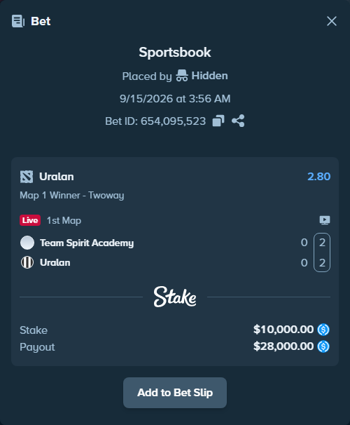 Bet slip: Team Spirit Academy - Uralan, $10,000.00 stake at 2.80 odds, placed by Hidden