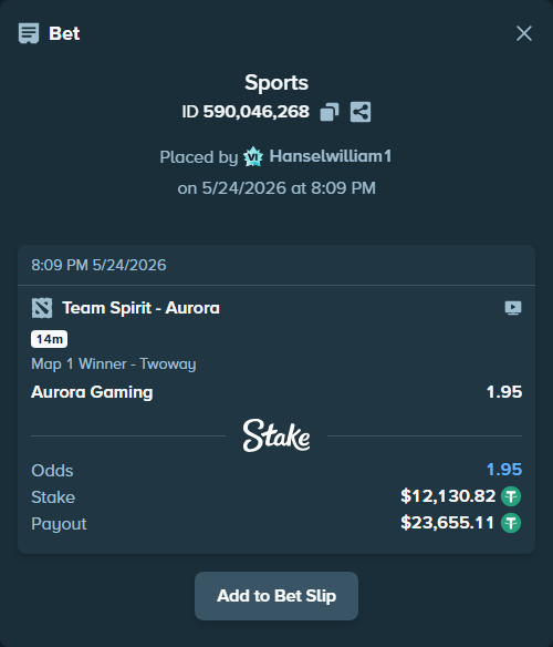 Bet slip: Team Spirit - Aurora Gaming, $12,130.82 stake at 1.95 odds, placed by Hanselwilliam1