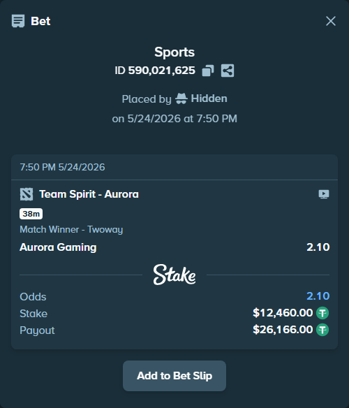 Bet slip: Team Spirit - Aurora Gaming, $12,460.00 stake at 2.10 odds, placed by Hidden