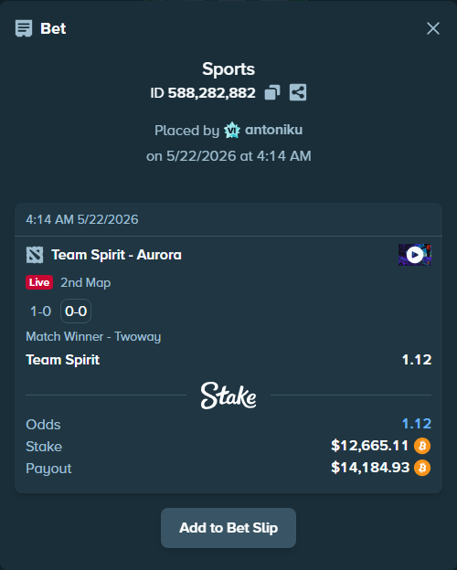 Bet slip: Team Spirit - Aurora Gaming, $10,485.79 stake at 1.12 odds, placed by antoniku