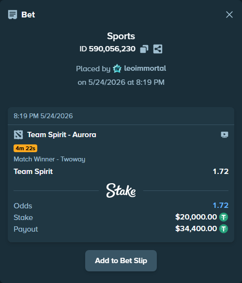 Bet slip: Team Spirit - Aurora Gaming, $20,000.00 stake at 1.72 odds, placed by leoimmortal