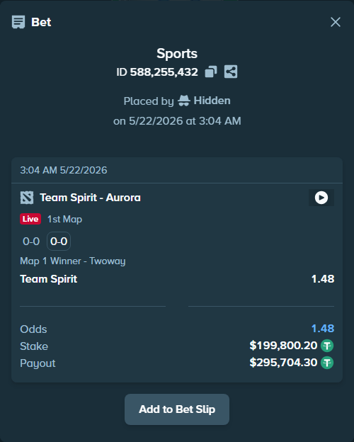 Bet slip: Team Spirit - Aurora Gaming, $200,000.00 stake at 1.48 odds, placed by Hidden