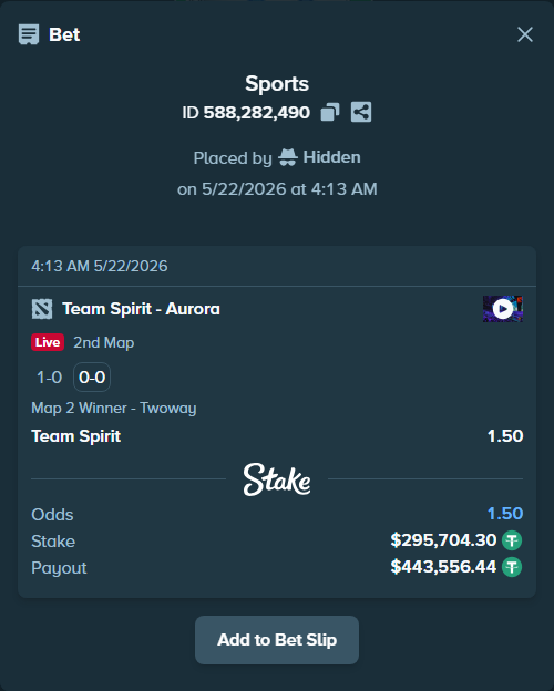 Bet slip: Team Spirit - Aurora Gaming, $296,000.00 stake at 1.50 odds, placed by Hidden