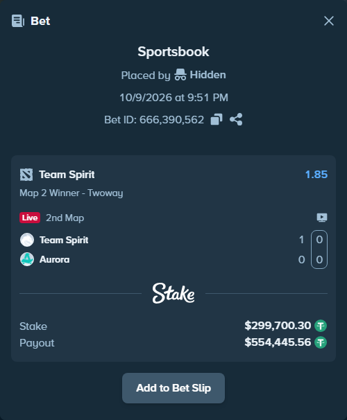 Bet slip: Team Spirit - Aurora Gaming, $300,000.00 stake at 1.85 odds, placed by Mnt41