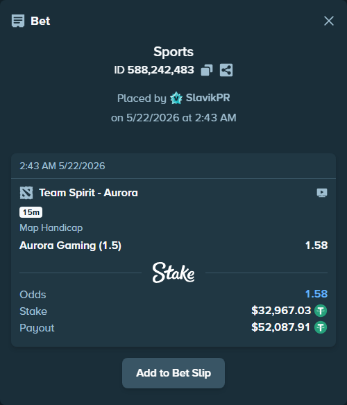 Bet slip: Team Spirit - Aurora Gaming, $33,000.00 stake at 1.58 odds, placed by SlavikPR