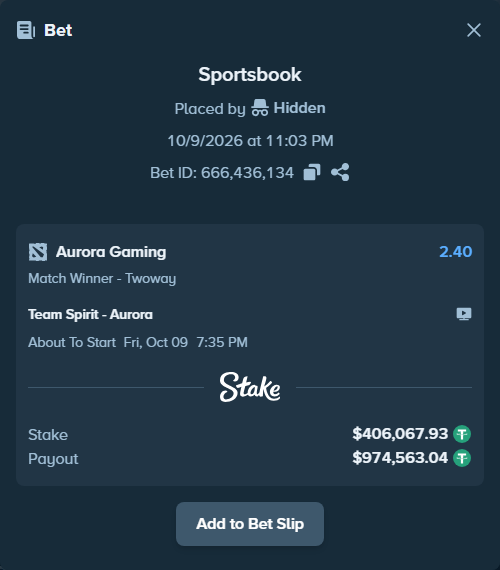 Bet slip: Team Spirit - Aurora Gaming, $406,474.00 stake at 2.40 odds, placed by Mnt41