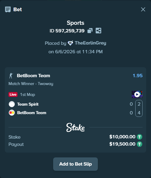 Bet slip: Team Spirit - BetBoom Team, $10,000.00 stake at 1.95 odds, placed by TheEarlinGrey