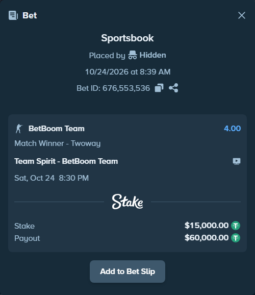 Bet slip: Team Spirit - BetBoom Team, $15,015.00 stake at 4.00 odds, placed by StRoGo
