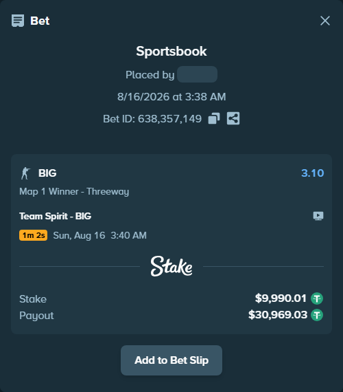 Bet slip: Team Spirit - BIG, $10,000.00 stake at 3.10 odds, placed by saszakoncza