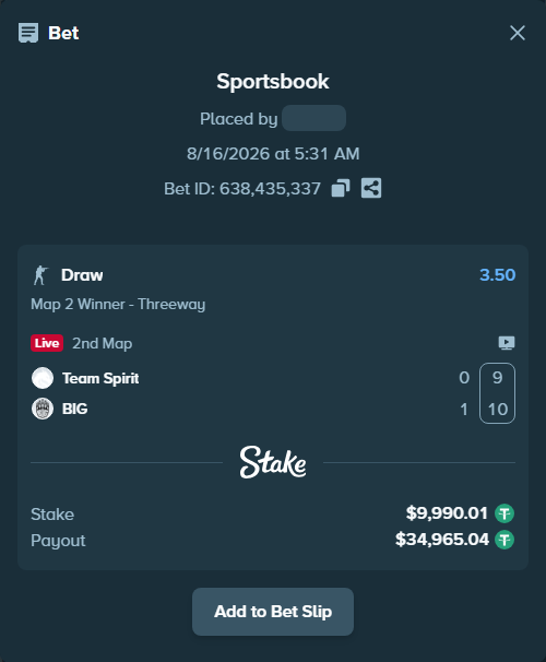 Bet slip: Team Spirit - BIG, $10,000.00 stake at 3.50 odds, placed by saszakoncza
