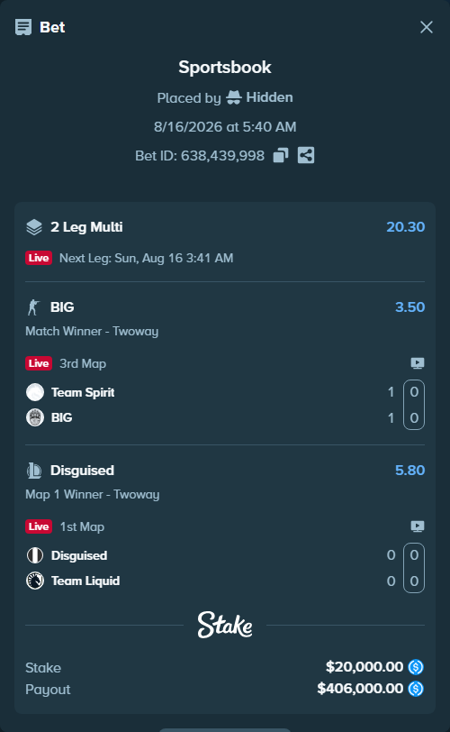 Bet slip: Team Spirit - BIG, $20,000.00 stake at 3.50 odds, placed by Hidden