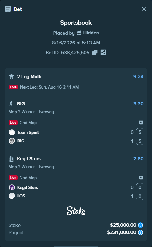 Bet slip: Team Spirit - BIG, $25,000.00 stake at 3.30 odds, placed by Hidden
