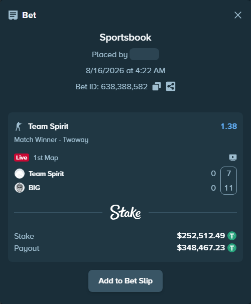 Bet slip: Team Spirit - BIG, $252,765.00 stake at 1.38 odds, placed by GoldenKot