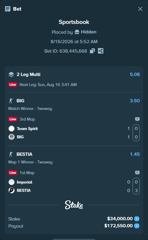 Bet slip: Team Spirit - BIG, $34,000.00 stake at 3.50 odds, placed by Hidden