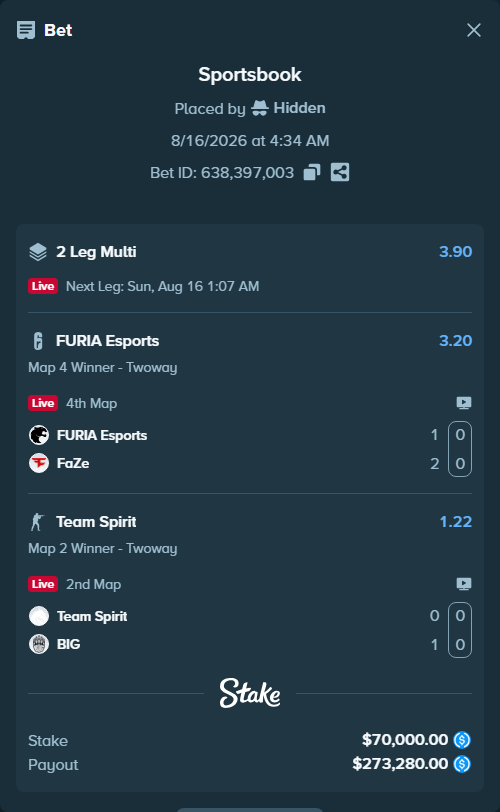 Bet slip: Team Spirit - BIG, $70,000.00 stake at 1.22 odds, placed by Hidden
