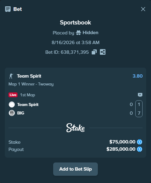 Bet slip: Team Spirit - BIG, $75,000.00 stake at 3.80 odds, placed by Hidden