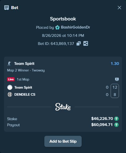 Bet slip: Team Spirit - DENDELE CS, $46,226.70 stake at 1.30 odds, placed by BashirGoldenDr