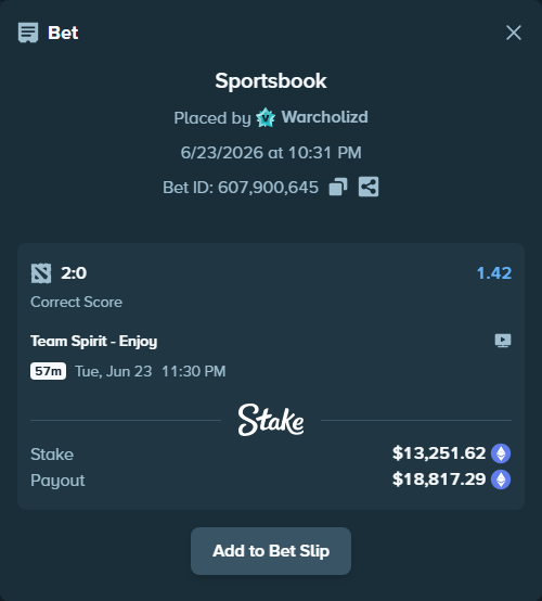 Bet slip: Team Spirit - Enjoy, $12,716.16 stake at 1.42 odds, placed by Warcholizd