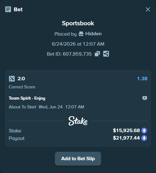Bet slip: Team Spirit - Enjoy, $15,259.39 stake at 1.38 odds, placed by Warcholizd