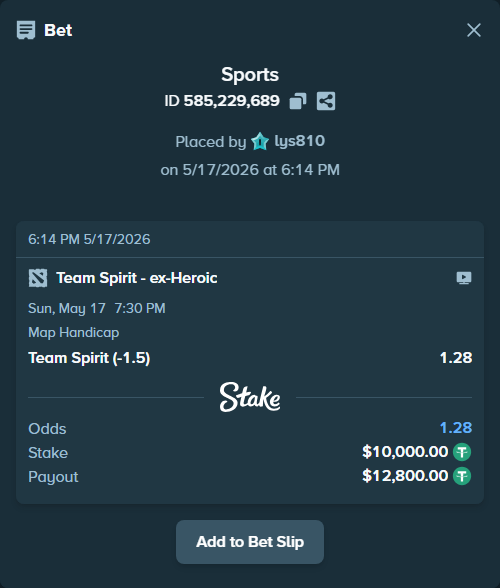 Bet slip: Team Spirit - ex-Heroic, $10,000.00 stake at 1.28 odds, placed by lys810