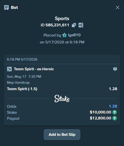 Bet slip: Team Spirit - ex-Heroic, $10,000.00 stake at 1.28 odds, placed by lys810