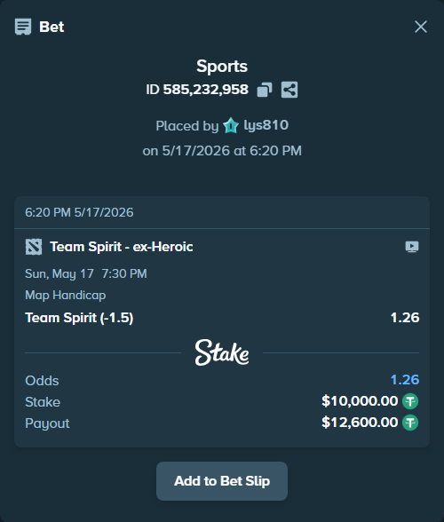 Bet slip: Team Spirit - ex-Heroic, $10,000.00 stake at 1.26 odds, placed by lys810