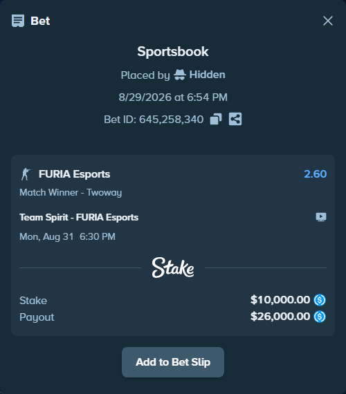 Bet slip: Team Spirit - FURIA Esports, $10,000.00 stake at 2.60 odds, placed by Hidden
