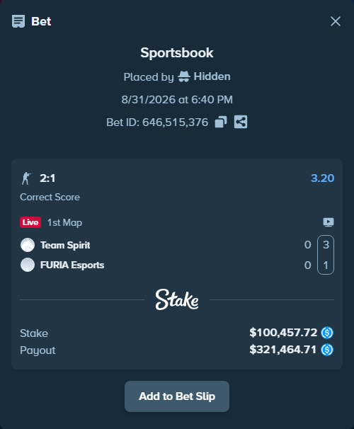 Bet slip: Team Spirit - FURIA Esports, $100,457.72 stake at 3.20 odds, placed by Hidden