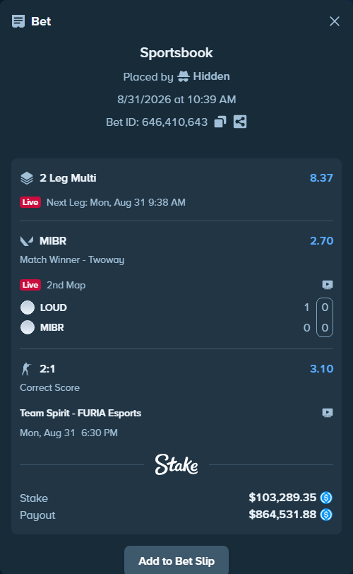 Bet slip: Team Spirit - FURIA Esports, $103,289.35 stake at 3.10 odds, placed by Hidden