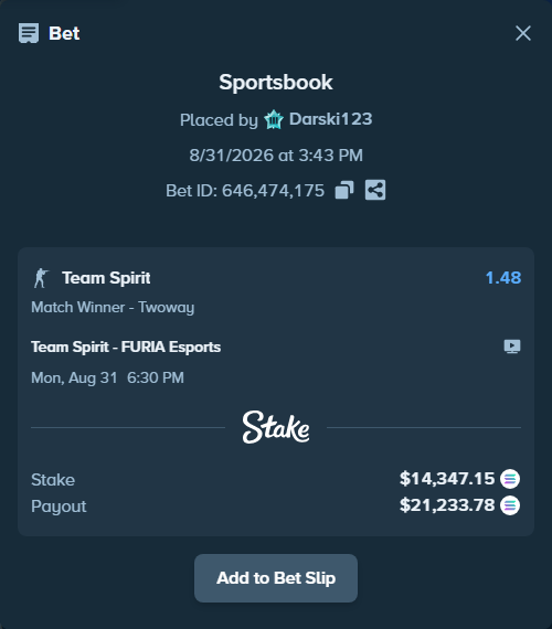 Bet slip: Team Spirit - FURIA Esports, $14,338.85 stake at 1.48 odds, placed by Darski123