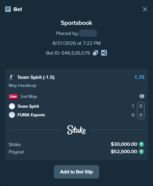 Bet slip: Team Spirit - FURIA Esports, $30,000.00 stake at 1.75 odds, placed by Erneststake