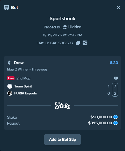 Bet slip: Team Spirit - FURIA Esports, $50,000.00 stake at 6.30 odds, placed by Hidden