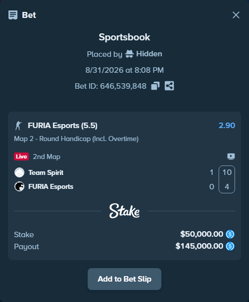 Bet slip: Team Spirit - FURIA Esports, $50,000.00 stake at 2.90 odds, placed by Hidden