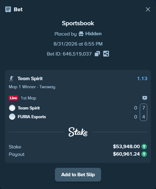 Bet slip: Team Spirit - FURIA Esports, $53,948.00 stake at 1.13 odds, placed by Hidden