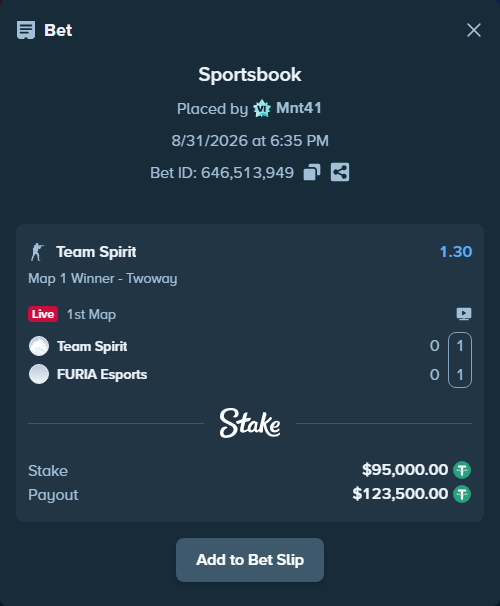 Bet slip: Team Spirit - FURIA Esports, $95,000.00 stake at 1.30 odds, placed by Mnt41