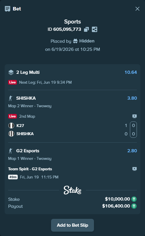 Bet slip: Team Spirit - G2 Esports, $10,010.00 stake at 2.80 odds, placed by Hidden