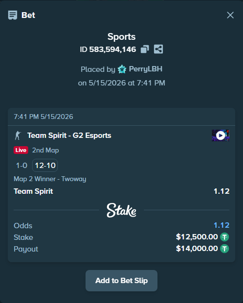 Bet slip: Team Spirit - G2 Esports, $12,500.00 stake at 1.12 odds, placed by PerryLBH