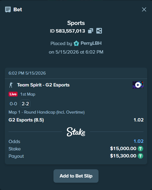 Bet slip: Team Spirit - G2 Esports, $15,000.00 stake at 1.02 odds, placed by PerryLBH