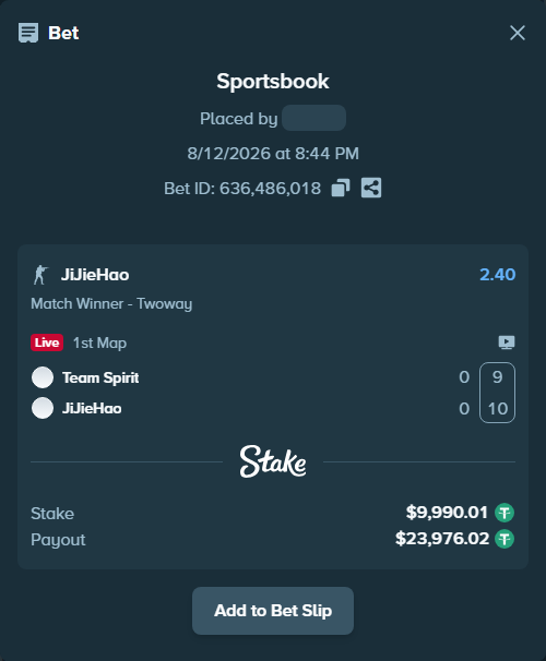 Bet slip: Team Spirit - JiJieHao, $10,000.00 stake at 2.40 odds, placed by saszakoncza