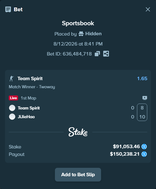 Bet slip: Team Spirit - JiJieHao, $91,053.46 stake at 1.65 odds, placed by Hidden