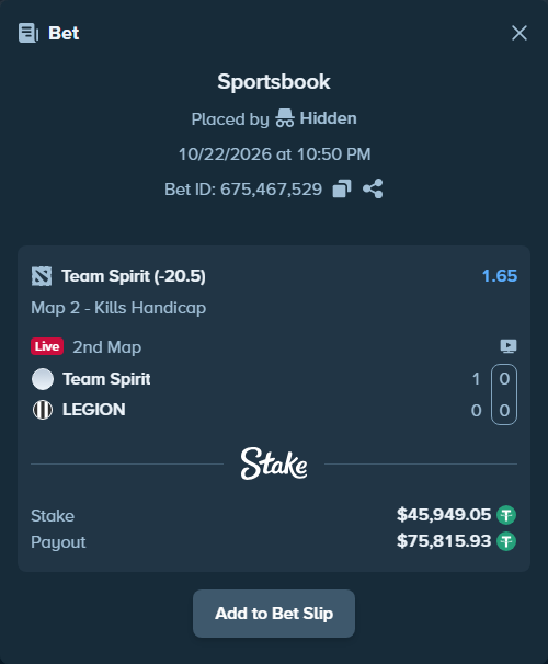 Bet slip: Team Spirit - LEGION, $45,995.00 stake at 1.65 odds, placed by ptb2010