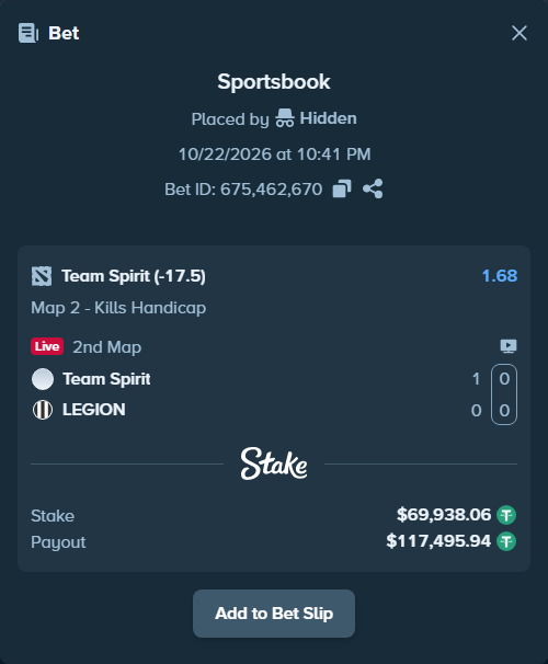 Bet slip: Team Spirit - LEGION, $70,008.00 stake at 1.68 odds, placed by ptb2010