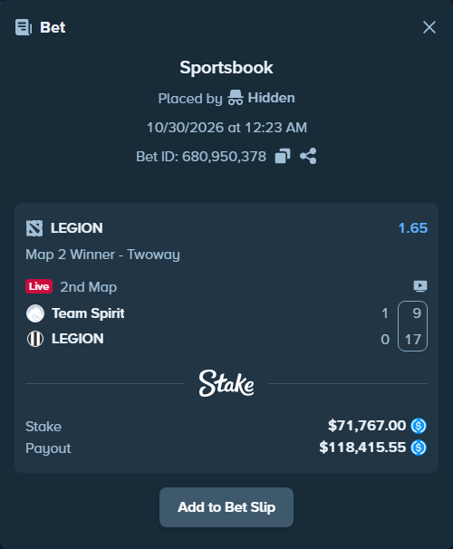 Bet slip: Team Spirit - LEGION, $71,767.00 stake at 1.65 odds, placed by Hidden