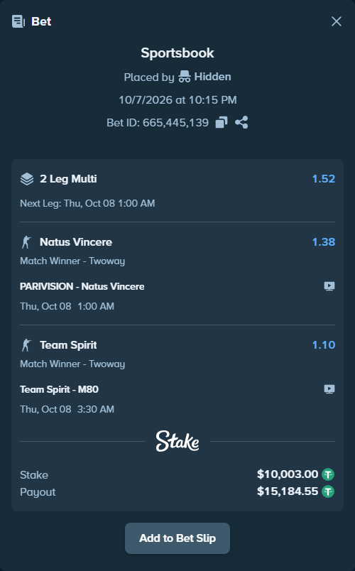 Bet slip: Team Spirit - M80, $10,000.00 stake at 1.10 odds, placed by Hidden