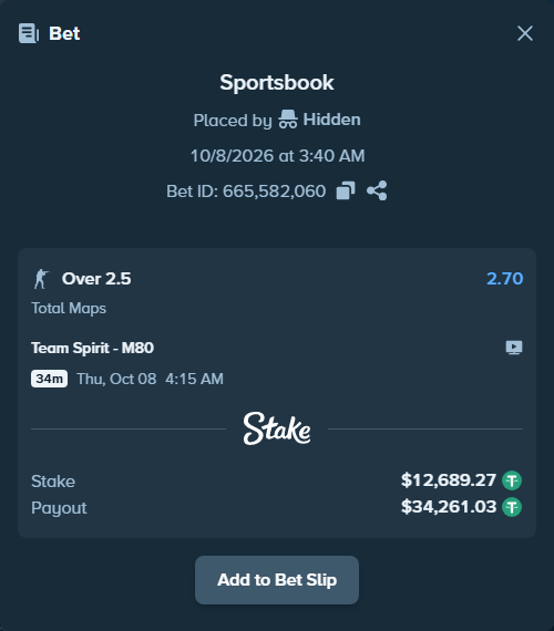 Bet slip: Team Spirit - M80, $12,688.00 stake at 2.70 odds, placed by Vovkyaa